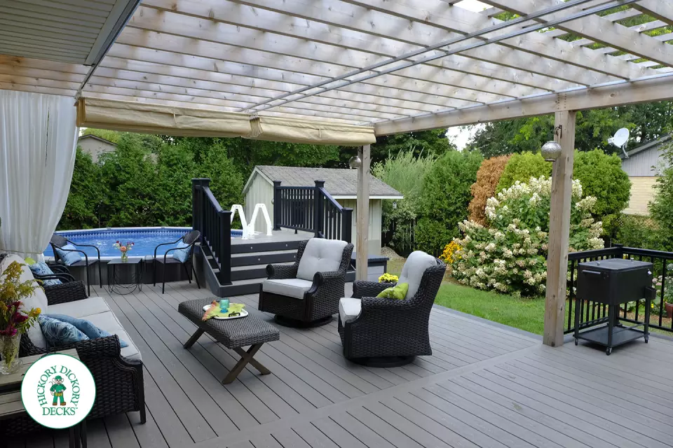 Clubhouse pool deck with pergola in Ancaster