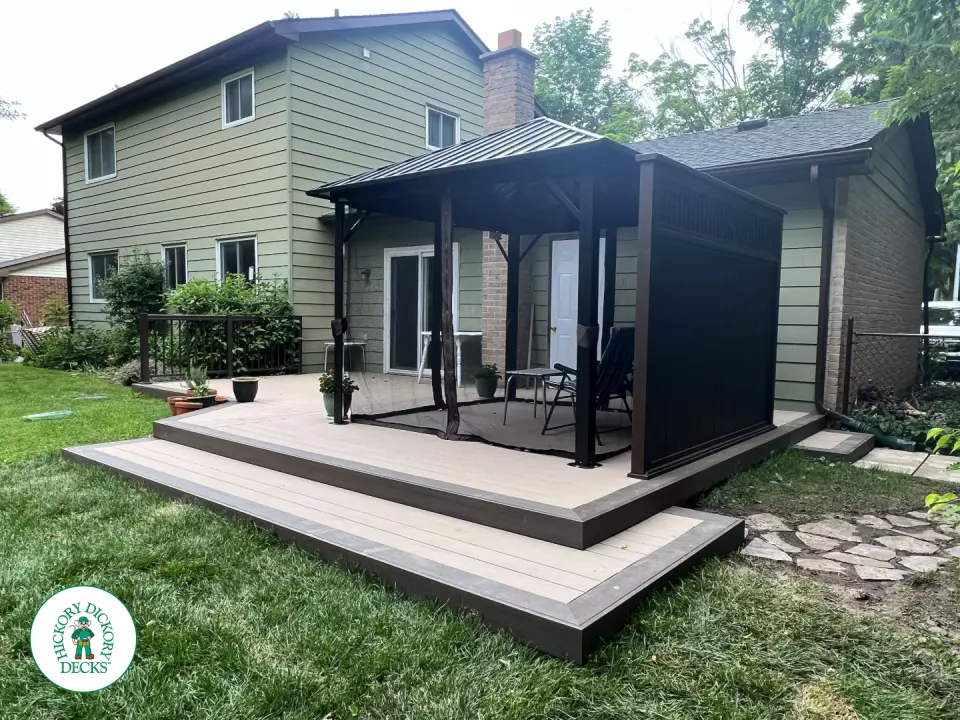 Low azek deck with roof structure