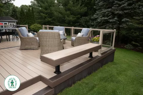 221 square foot light brown deck with dark brown border. This deck has curved steps and glass railings.