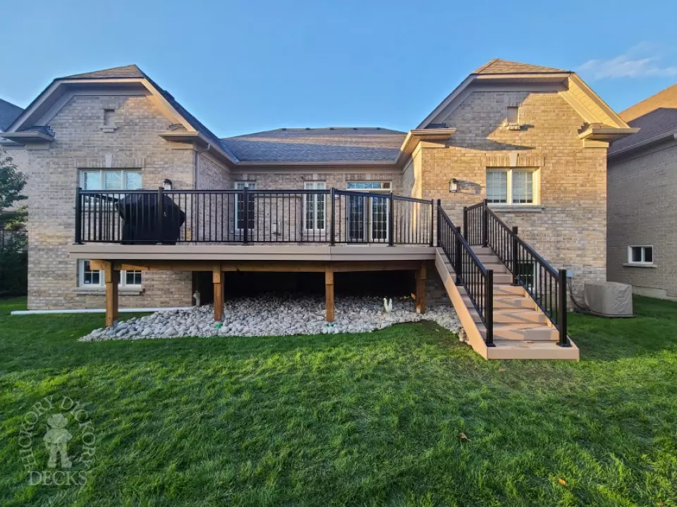 Clubhouse high deck with aluminum railing and stairs in Brampton