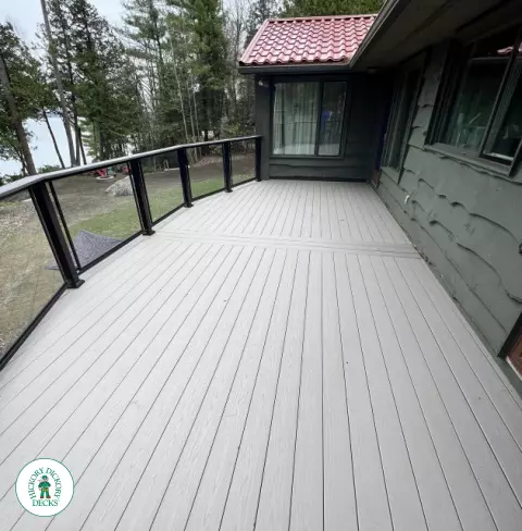 Azek high deck with glass railings in Barrie Azek high deck with glass railings in Barrie