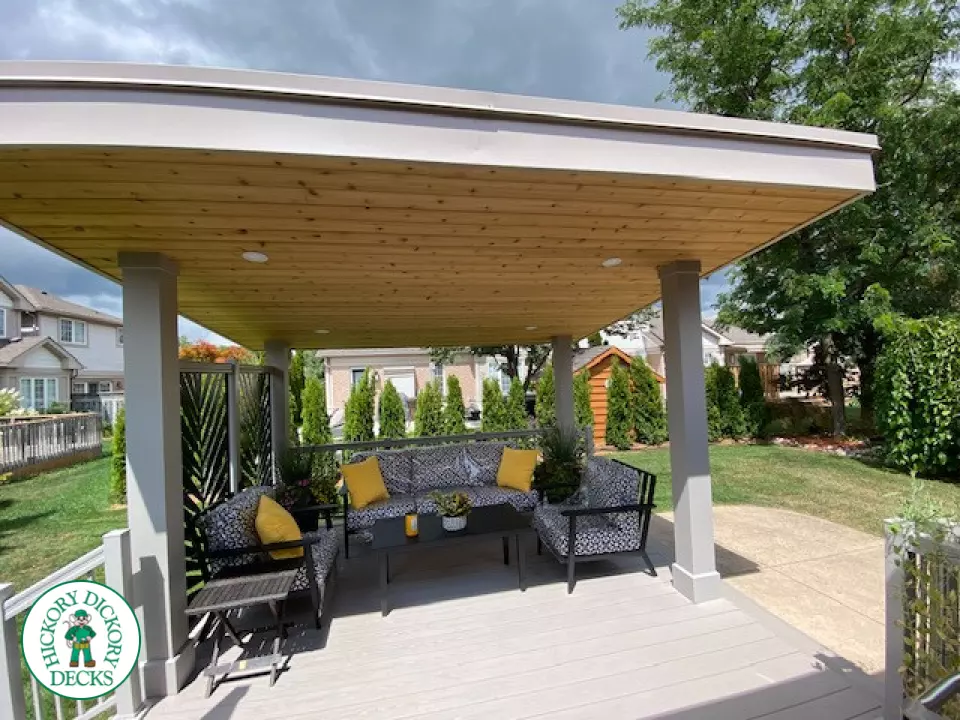 Low, small Azek deck with two steps up, lights in stairs, a custom privacy screen and a custom roof structure.