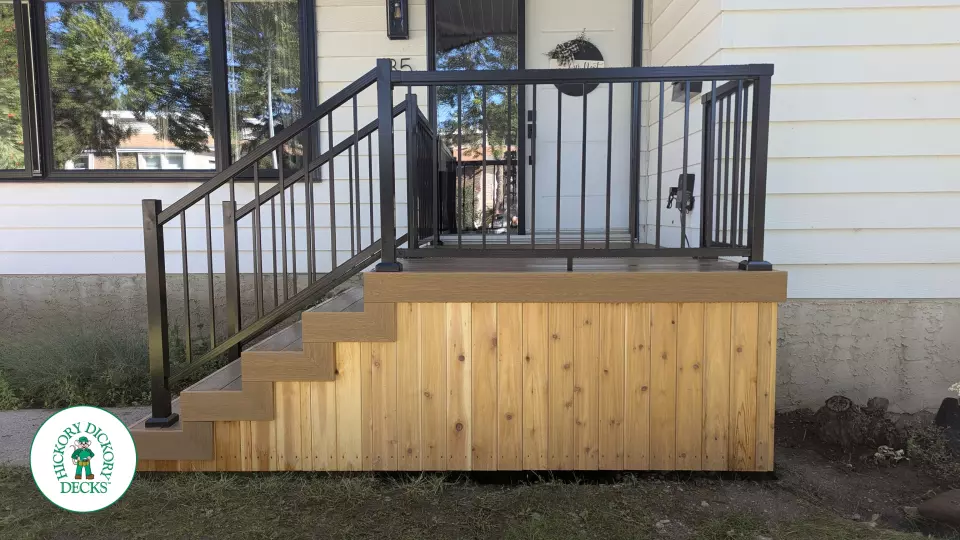 Clubhouse porch with lights and aluminum railings in Edmonton