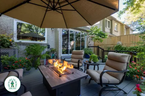 Fiberon deck with glass railing and lights in Mississauga