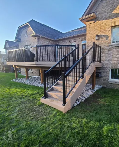 Clubhouse high deck with aluminum railing and stairs in Brampton