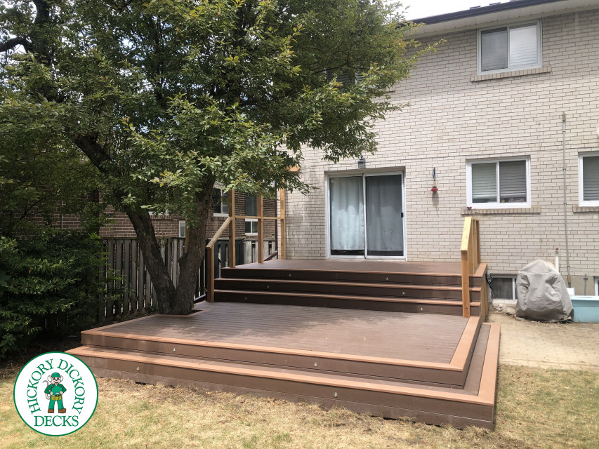 TruNorth deck with Mocha Caramel trim, wraparound steps, lights and a pergola, built around a tree. Etobicoke, Ontario